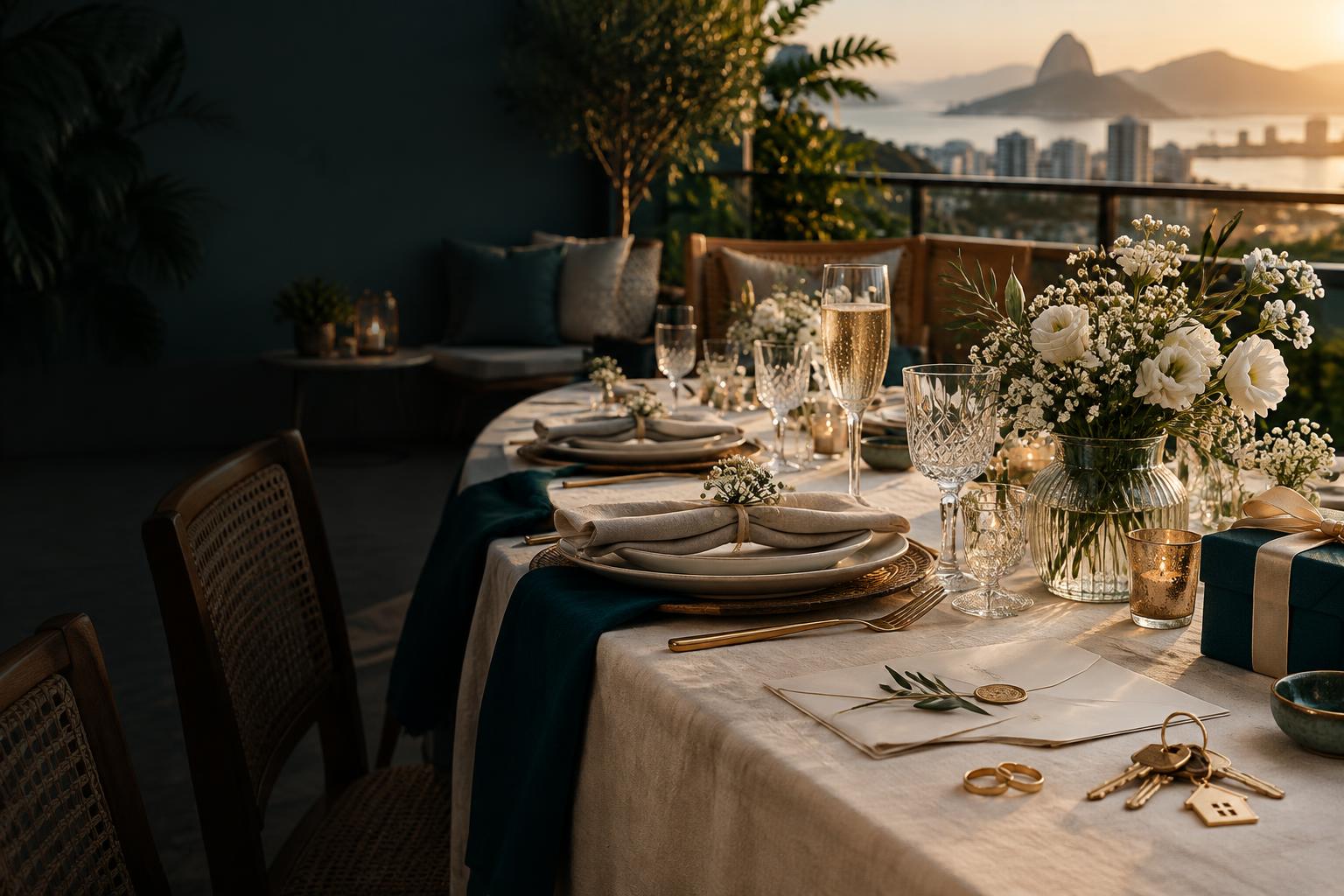 Mesa preparada para celebrar um casamento ou um novo lar